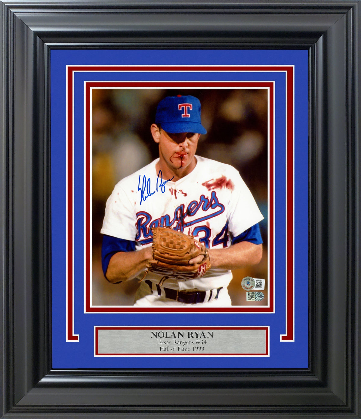 Nolan Ryan Autographed Framed 8x10 Photo Texas Rangers Bloody Beckett BAS QR