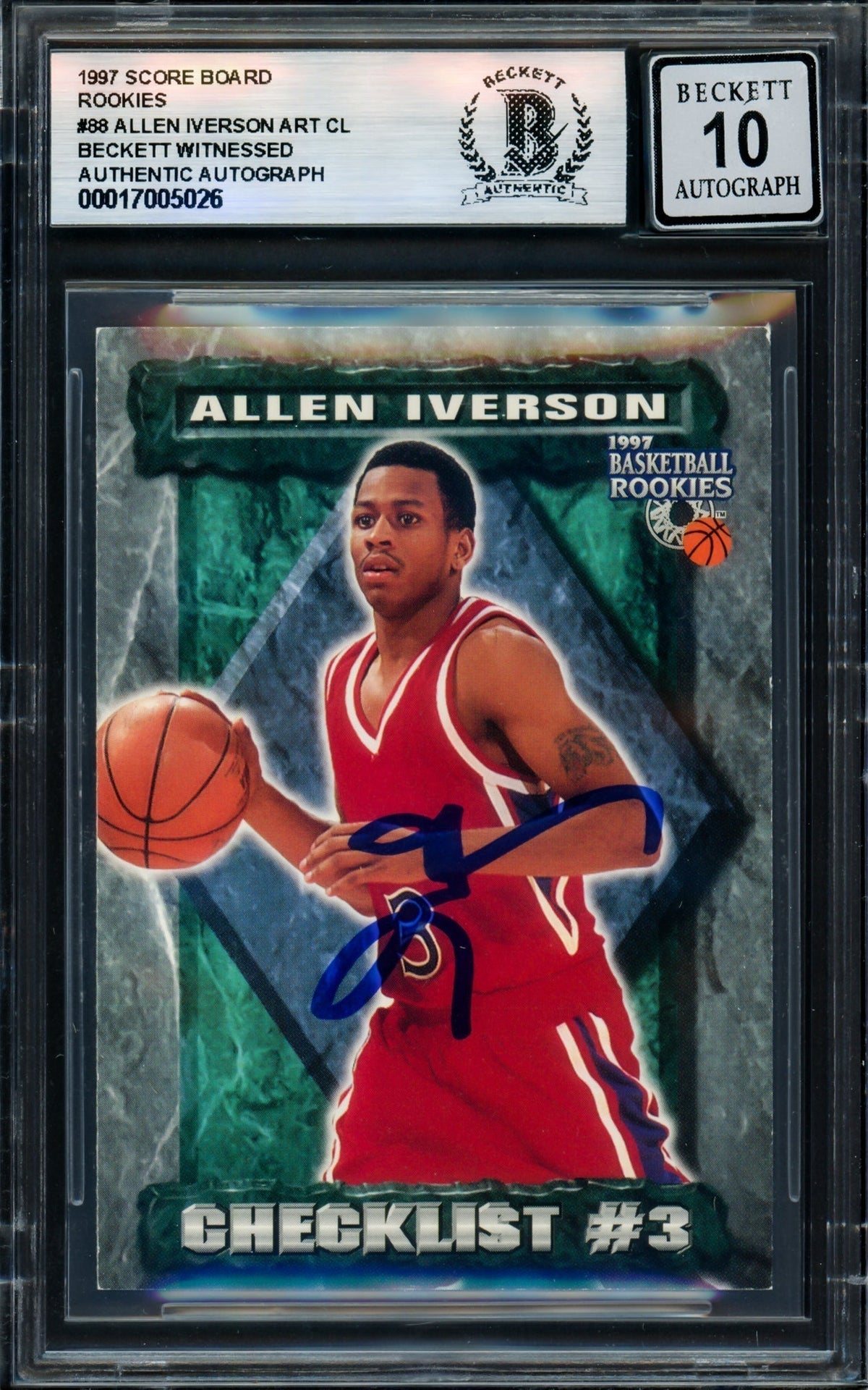 Allen Iverson Autographed 1997 Score Board Rookies Rookie Card #88 Card Philadelphia 76ers Auto Grade Gem Mint 10 Beckett BAS Witness