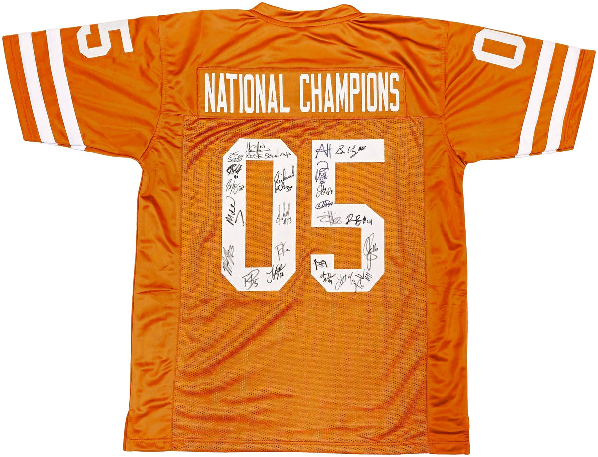 2005 CFB National Champions Texas Longhorns Autographed Orange Jersey With 24 Signatures Including Vince Young Beckett BAS QR