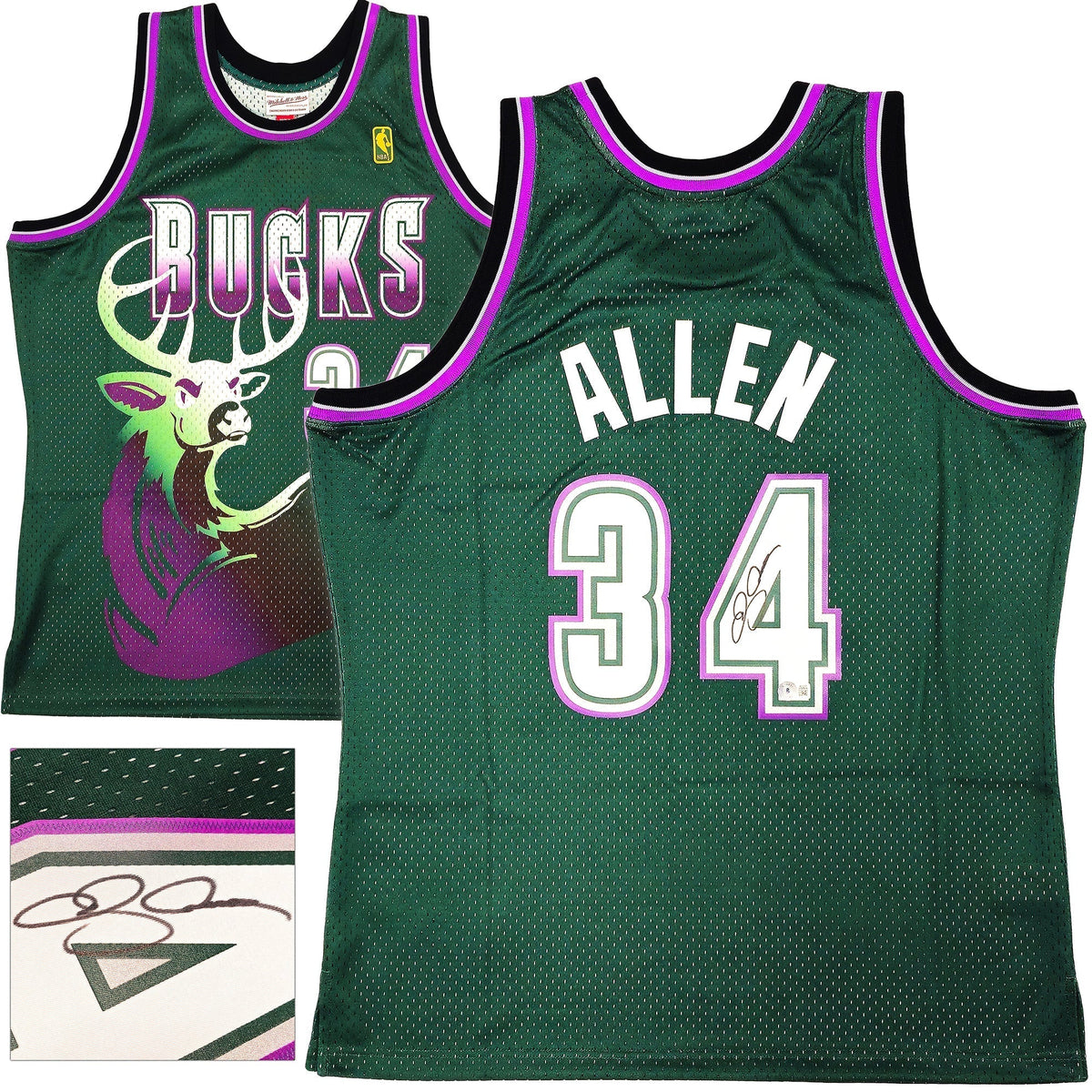Milwaukee Bucks Ray Allen Autographed Green Authentic Mitchell & Ness 1996-97 Ray Allen HWC Swingman Jersey Size XL Beckett BAS Witness