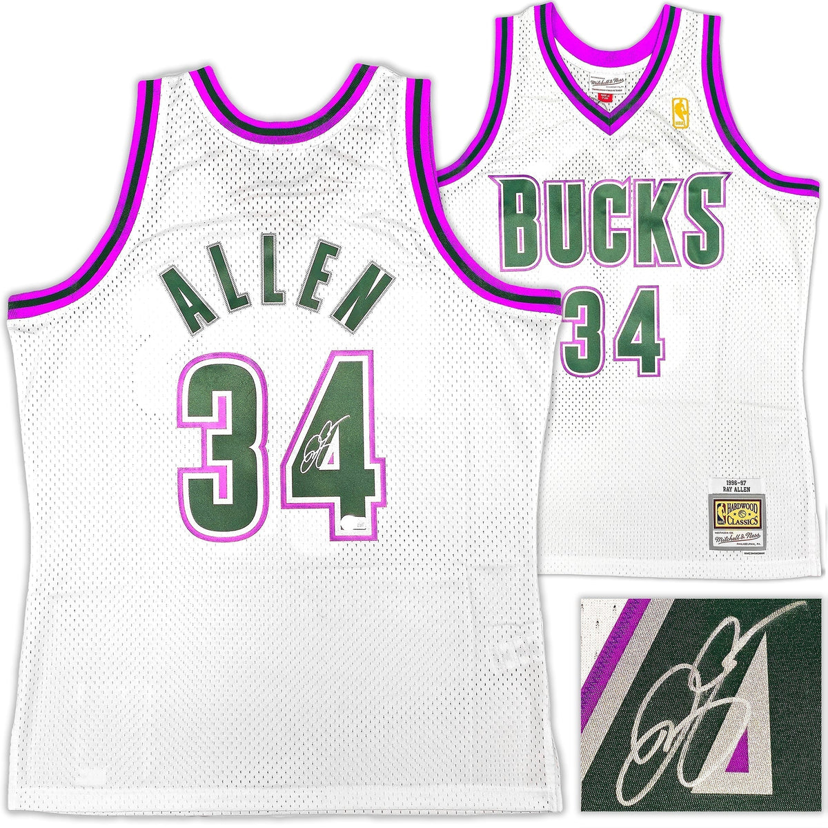 Milwaukee Bucks Ray Allen Autographed White Authentic Mitchell & Ness 1996-97 Ray Allen HWC Swingman Jersey Size L Beckett BAS Witness