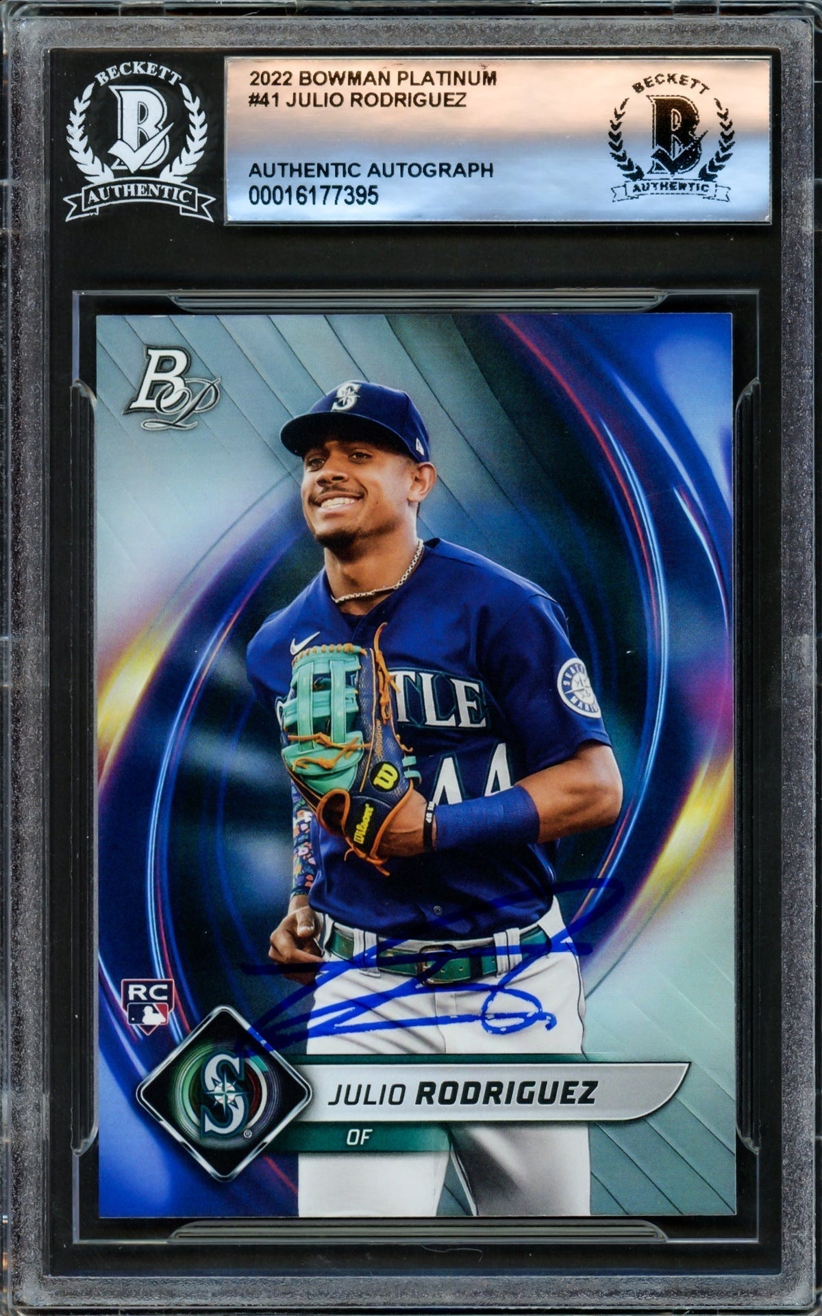 Julio Rodriguez Autographed 2022 Bowman Platinum Rookie Card #41 Seattle Mariners Beckett BAS #16177395
