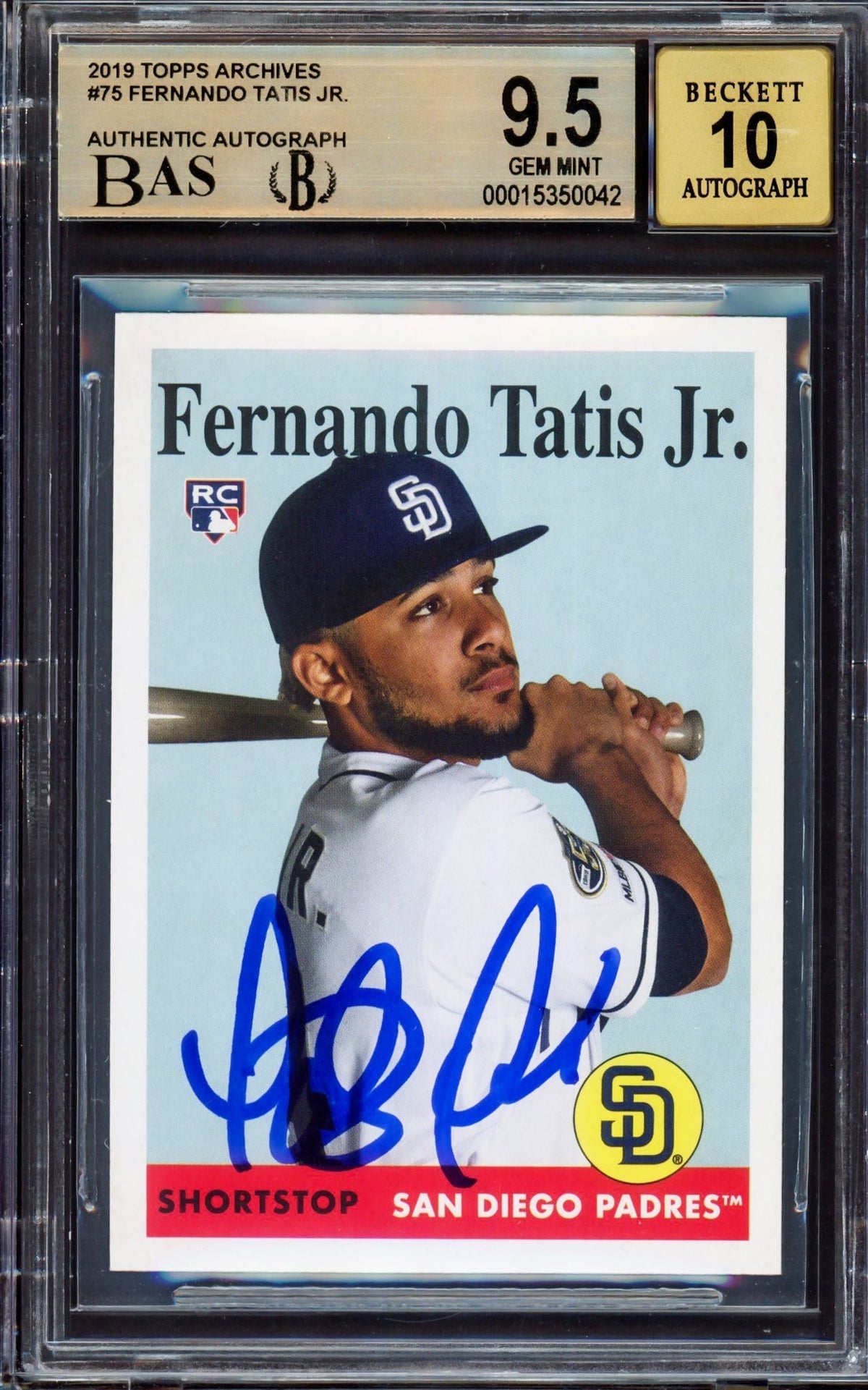 Fernando Tatis Jr. Autographed 2019 Topps Archives Rookie Card #75 San Diego Padres BGS 9.5 Auto Grade Gem Mint 10 Highest Graded Beckett BAS Stock #212284