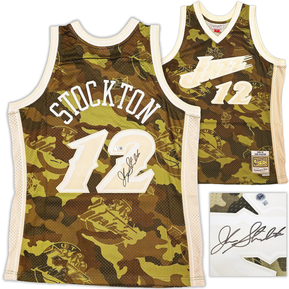 Utah Jazz John Stockton Autographed Green Authentic Mitchell & Ness 1998-99 Hardwood Classic Swingman Ghost Camo Jersey Size L Beckett BAS Witness