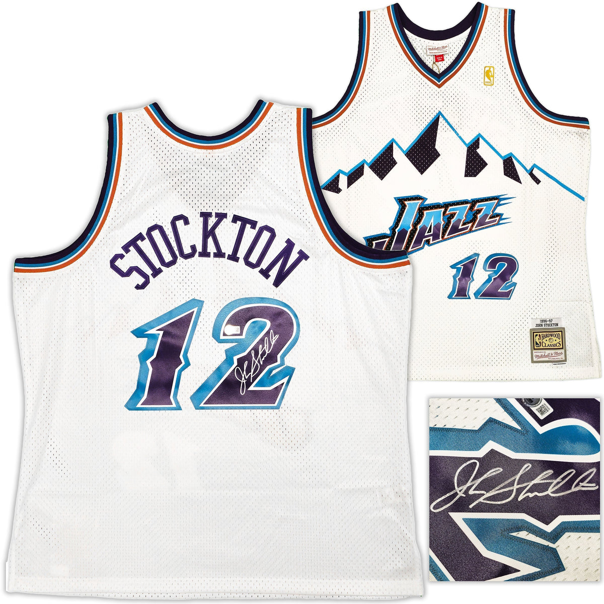 Utah Jazz John Stockton Autographed White Authentic Mitchell & Ness 1996-97 Hardwood Classic Swingman Jersey Size XXL Beckett BAS Witness