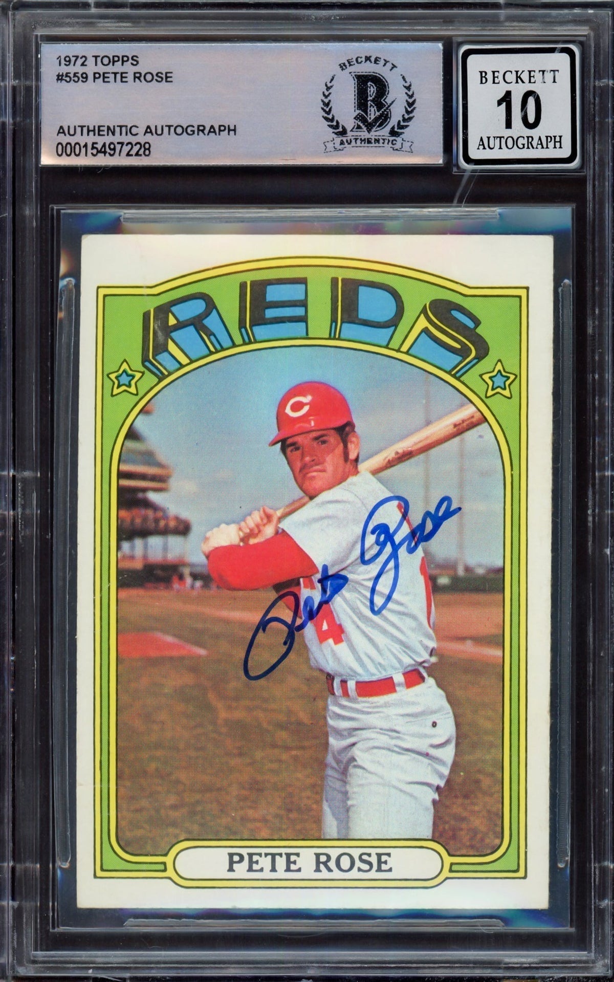 Pete Rose Autographed 1972 Topps Card #559 Cincinnati Reds Auto Grade Gem Mint 10 Beckett BAS #15497228