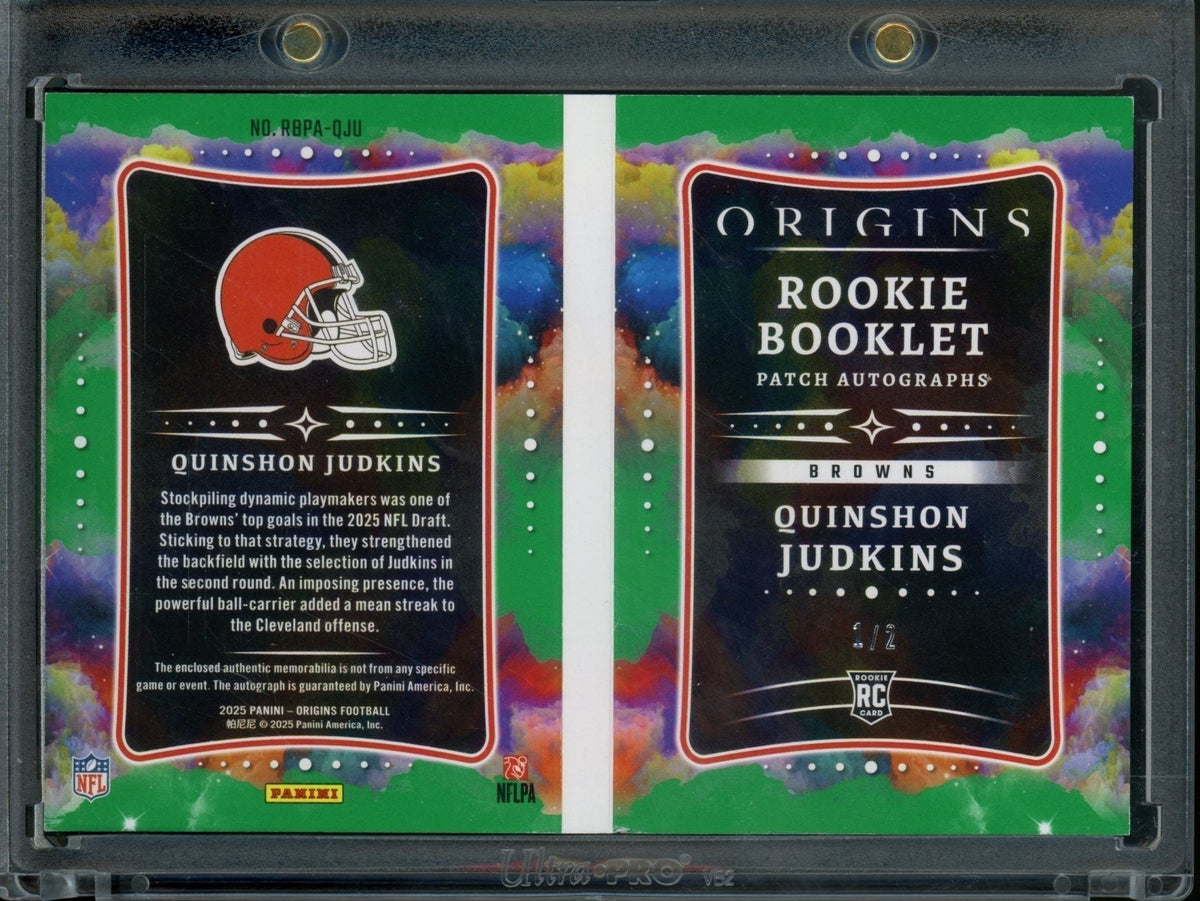 2025 Panini Origins Quinshon Judkins Booklet Rookie Glove Patch Auto /2 Browns