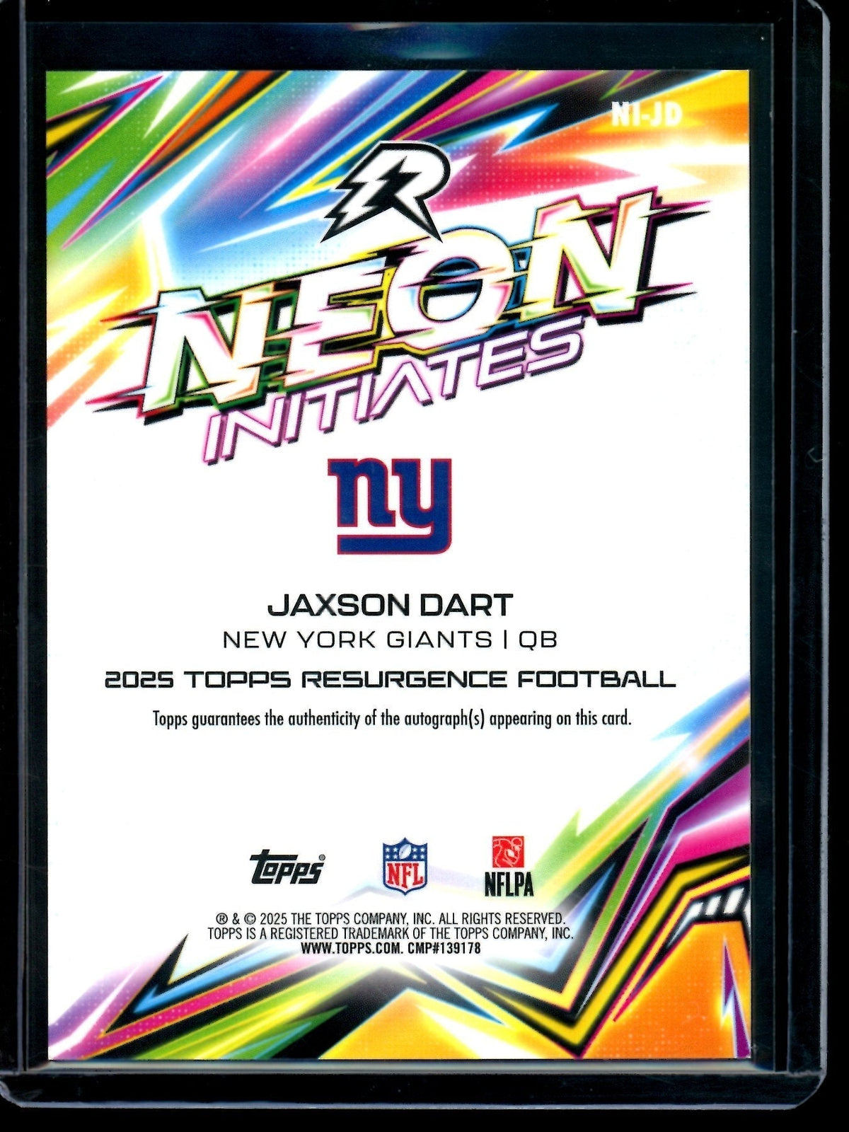 2025 Topps Resurgence Jaxson Dart Neon Initiates Rookie Autograph /25 Giants