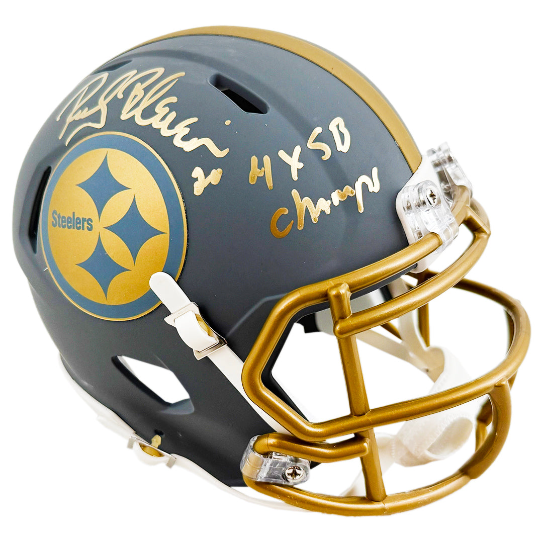 Rocky Bleier Signed 4x SB Champs Inscription Pittsburgh Steelers Slate Alternate Speed Mini Football Helmet (JSA)
