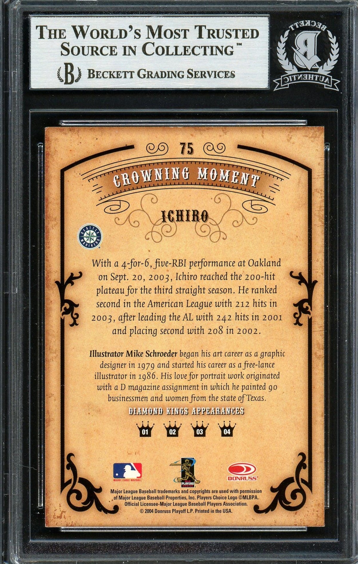 Ichiro Suzuki Autographed 2004 Donruss Diamond Kings Card #75 Seattle Mariners Beckett BAS Stock #191268