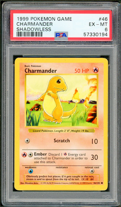PSA (EX-MT 6) Charmander #46 - Pokemon Game (Shadowless Base Set) (#57330194)