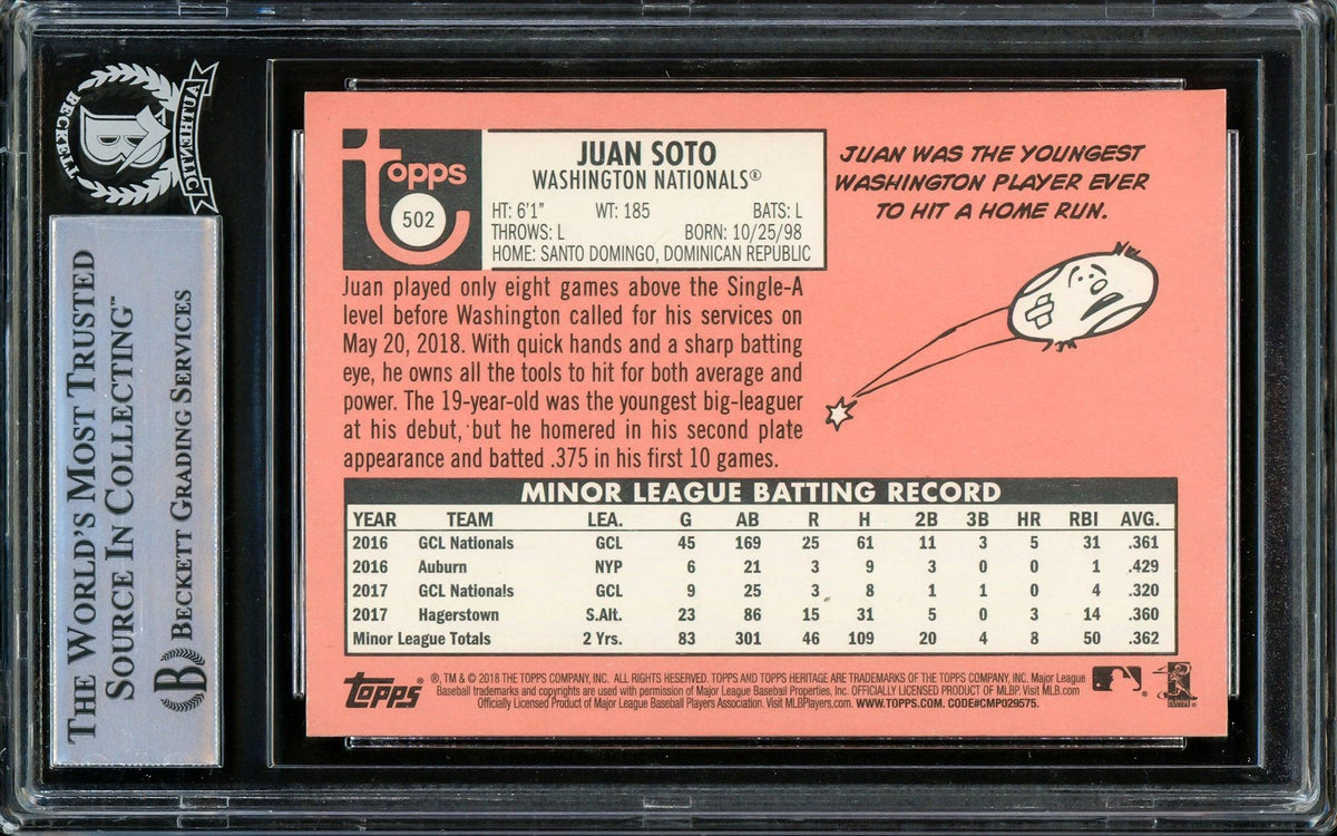 Juan Soto Autographed 2018 Topps Heritage Rookie Card #502 Washington Nationals Beckett BAS Stock #206609