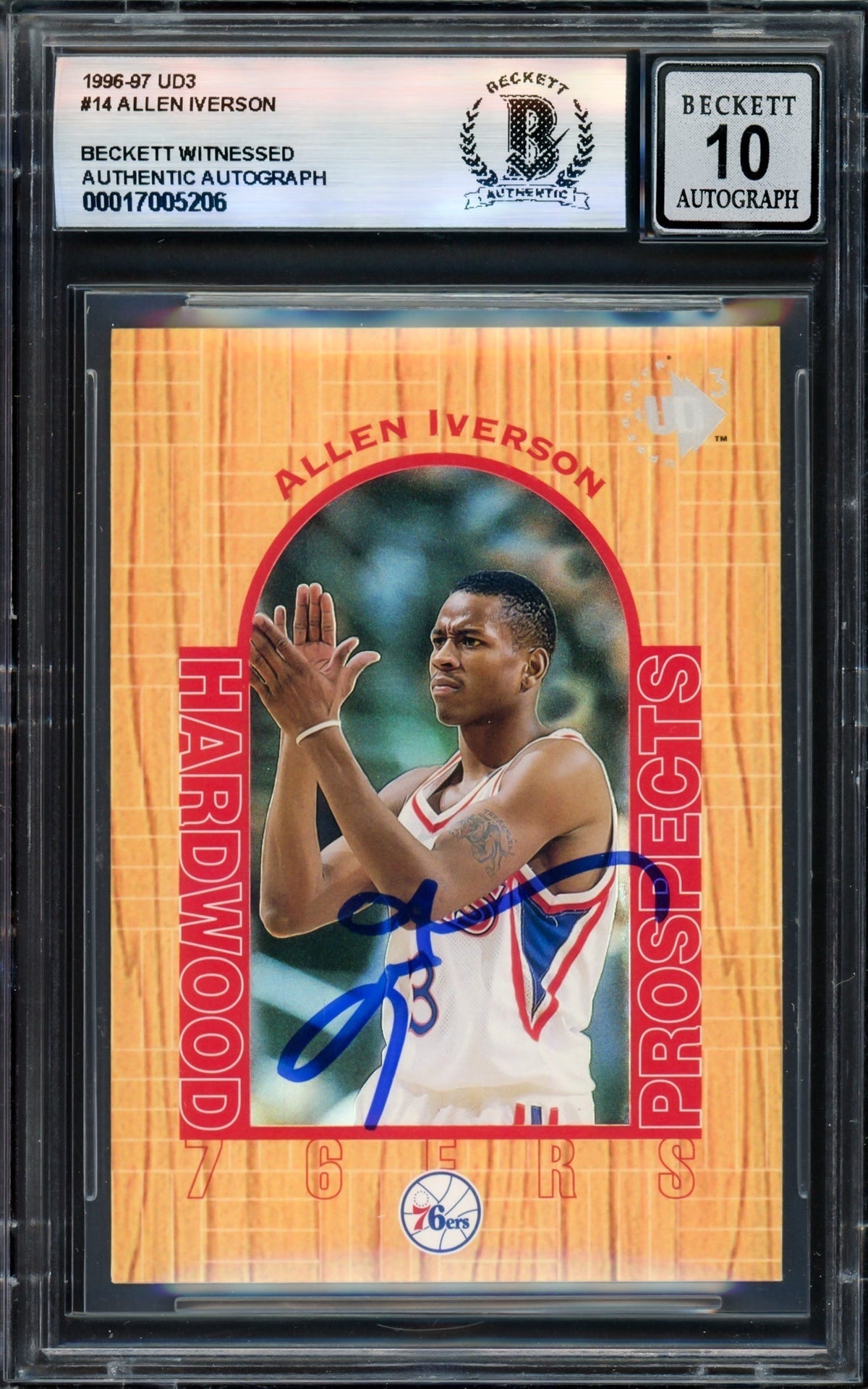 Allen Iverson Autographed 1996-97 UD3 Rookie Card #14 Card Philadelphia 76ers Auto Grade Gem Mint 10 Beckett BAS Witness