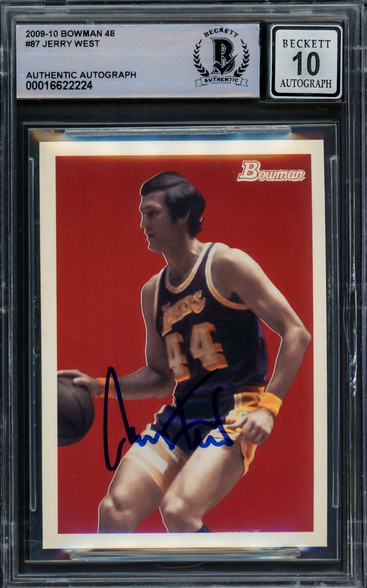 Jerry West Autographed 2009-10 Bowman Card #87 Card Los Angeles Lakers Auto Grade Gem Mint 10 Beckett BAS