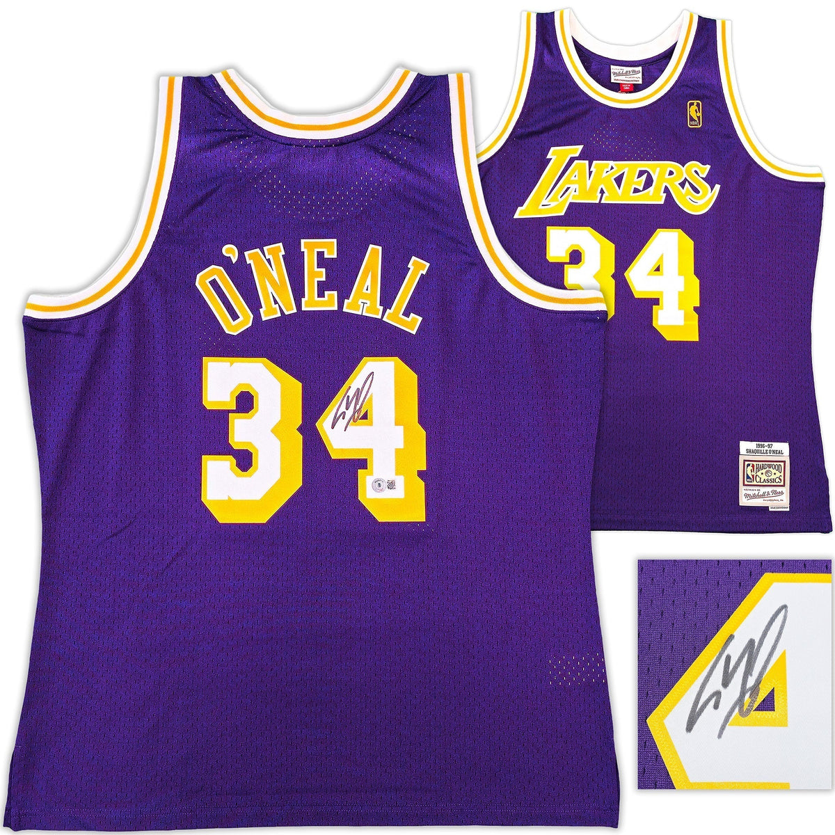 Los Angeles Lakers Shaquille Shaq O'Neal Autographed Purple Authentic Mitchell & Ness 1996-97 HWC Swingman Jersey Size XL Beckett BAS Witness