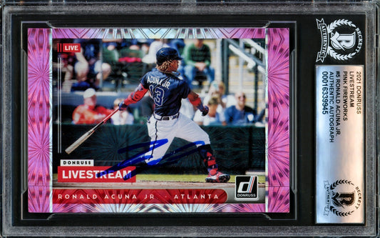 Ronald Acuna Autographed 2021 Donruss Livestream Pink Fireworks Card #LS5 Atlanta Braves Beckett BAS #16339945