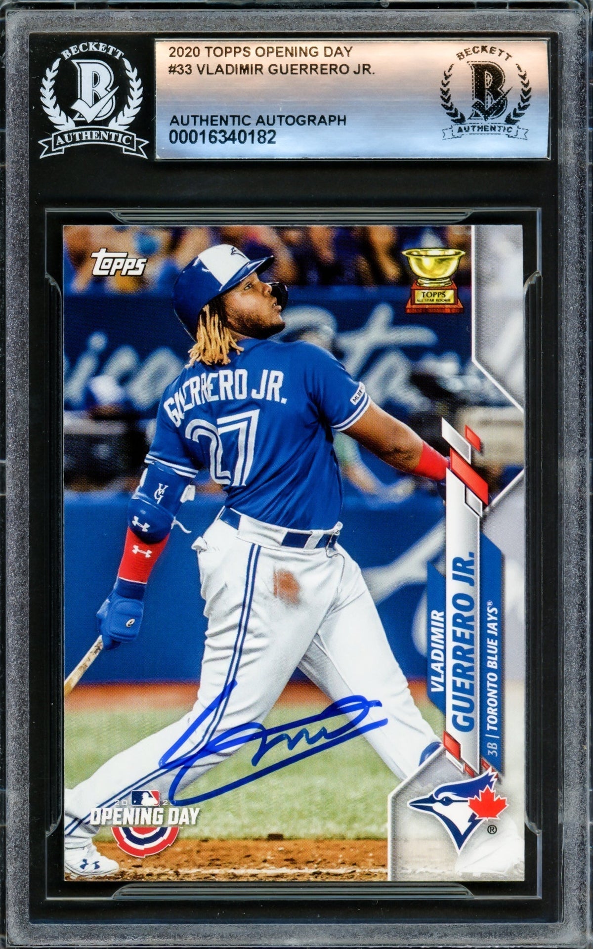 Vladimir Guerrero Jr. Autographed 2020 Topps Opening Day Card #33 Toronto Blue Jays Beckett BAS #16340182