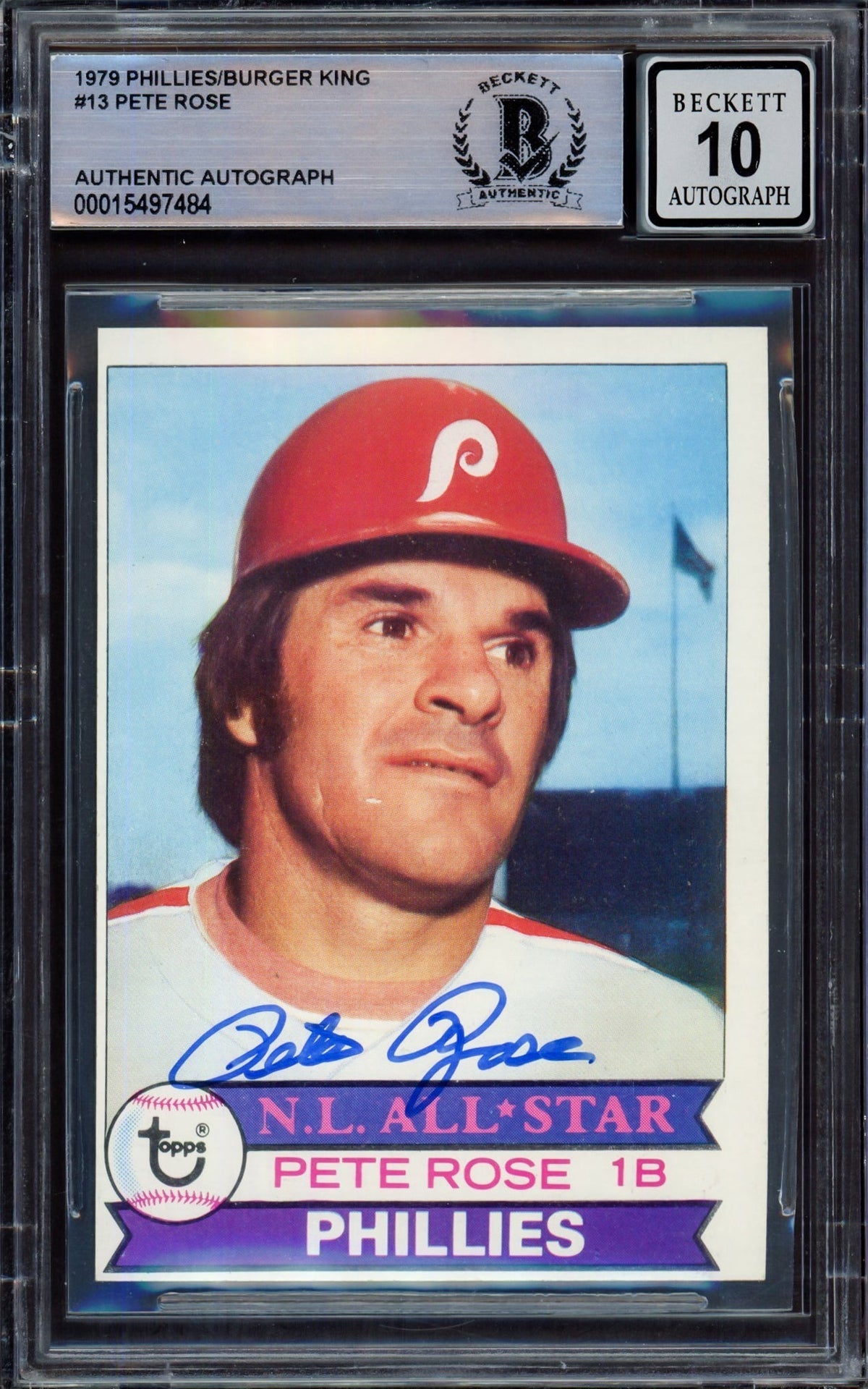 Pete Rose Autographed 1979 Topps Burger King Card #13 Philadelphia Phillies Auto Grade Gem Mint 10 Beckett BAS #15497484