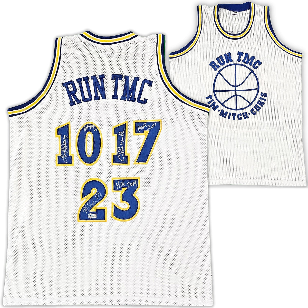 Golden State Warriors Chris Mullin, Tim Hardaway & Mitch Richmond Autographed White Jersey Run TMC "HOF" Beckett BAS Witness Stock #216816