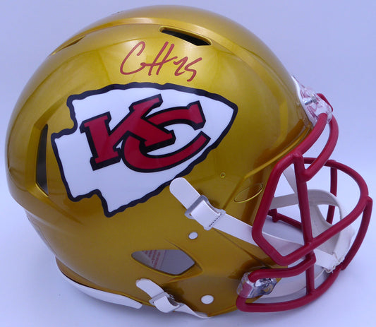 Clyde Edwards-Helaire Autographed Kansas City Chiefs Flash Gold Authentic Full Size Speed Helmet Beckett BAS QR #WK21042