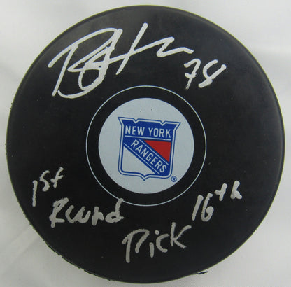 Brennan Othmann Signed Auto Rangers Puck w/ Insc JSA CF42659