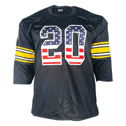 Rocky Bleier Signed 4x SB Champs Inscription Pittsburgh American Flag Football Jersey (Beckett)