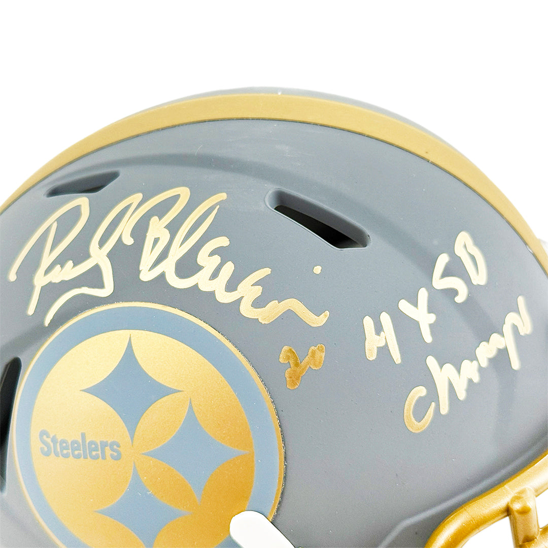 Rocky Bleier Signed 4x SB Champs Inscription Pittsburgh Steelers Slate Alternate Speed Mini Football Helmet (JSA)