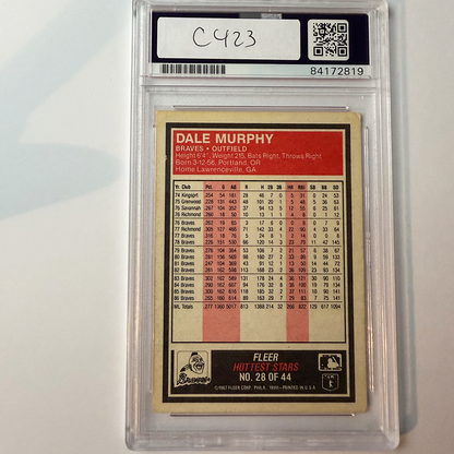 Dale Murphy Signed 1987 Fleer Hottest Stars #28 w/2 Inscriptions PSA Auto Authentic