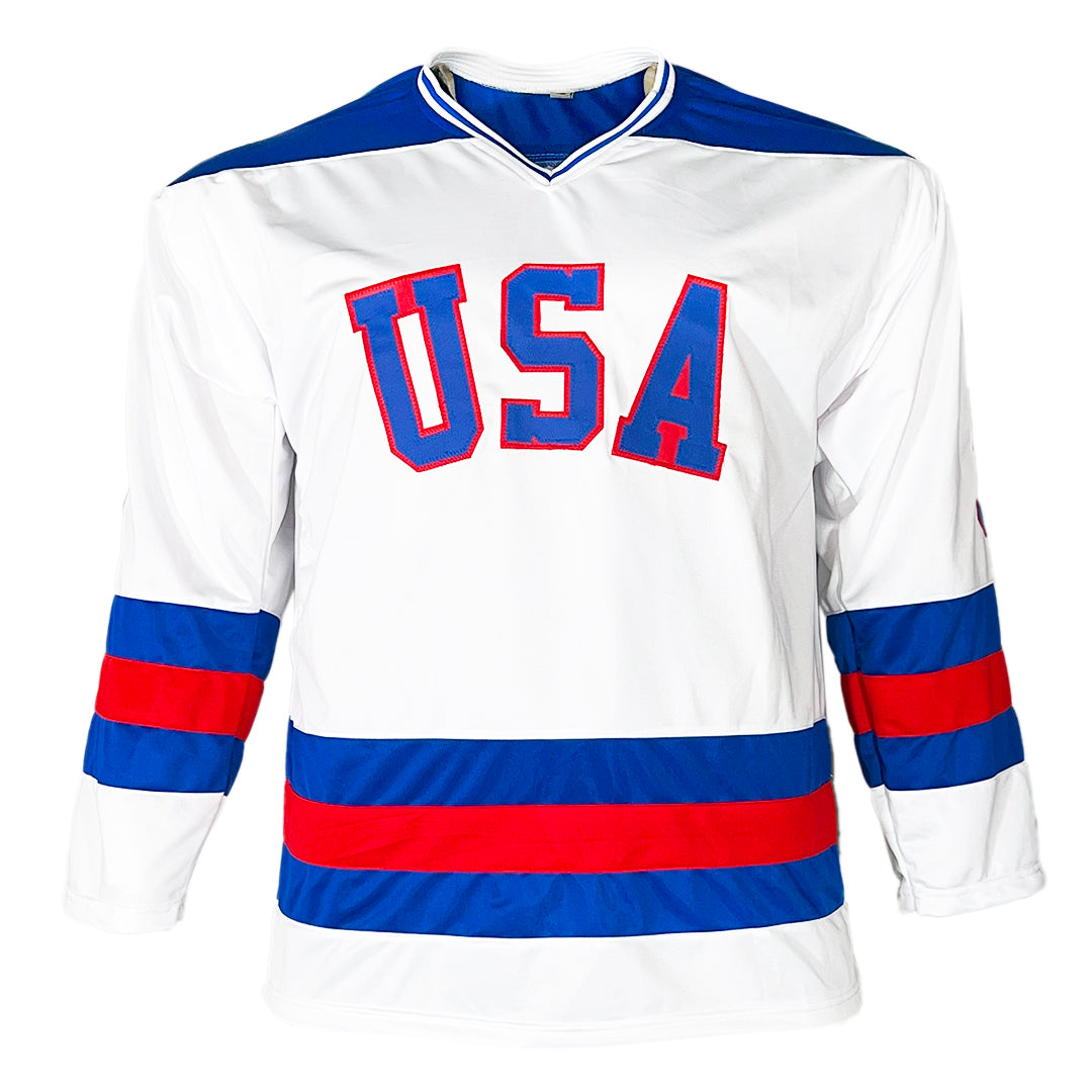 Jim Craig Signed 1980 Gold Inscription Team White Hockey Jersey (PSA)