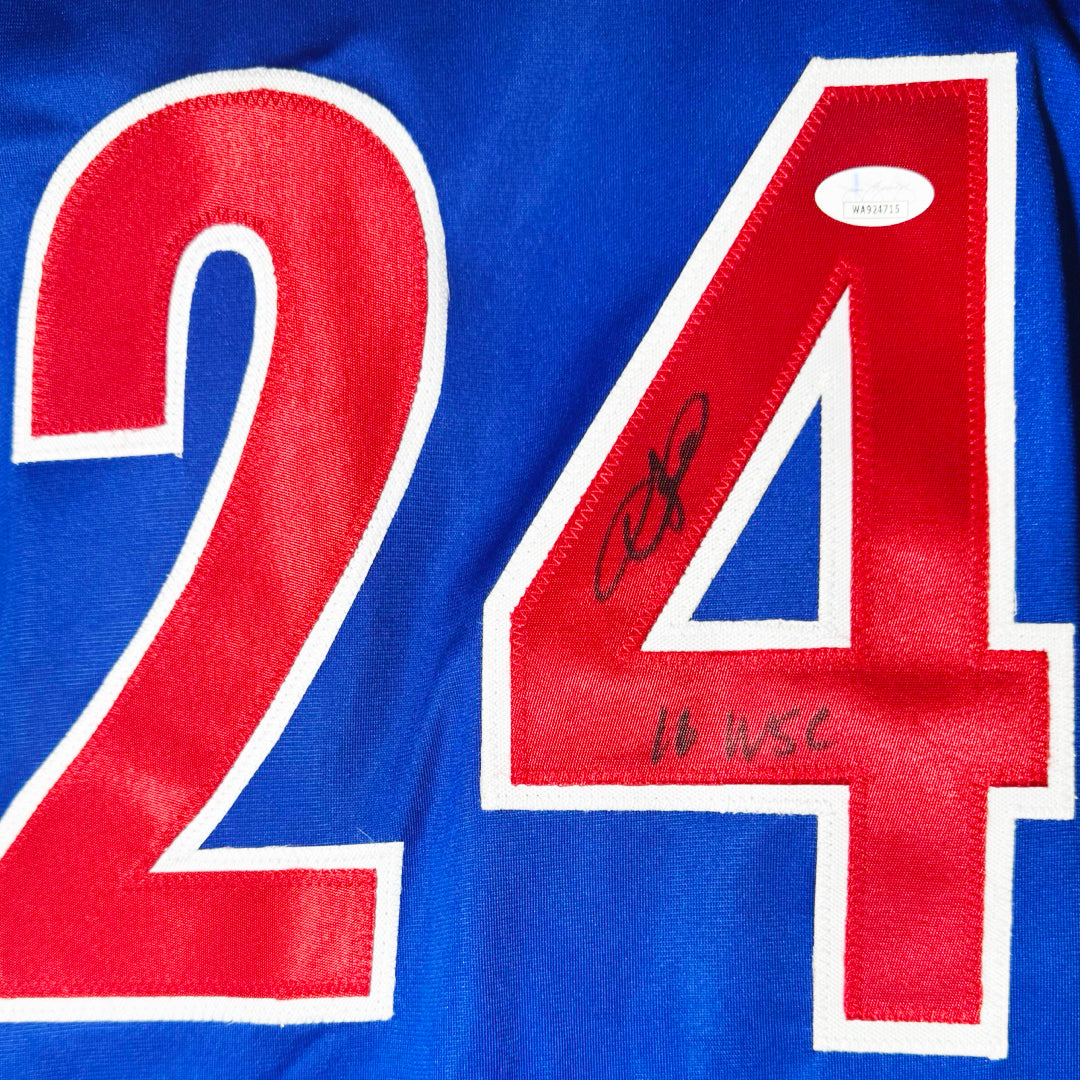 Dexter Fowler Signed 16 WSC Inscription Chicago Blue Baseball Jersey (JSA)