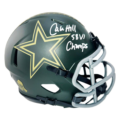 Calvin Hill Signed SBVI Champs Inscription Dallas Cowboys Salute 2025 Mini Football Helmet (Beckett)