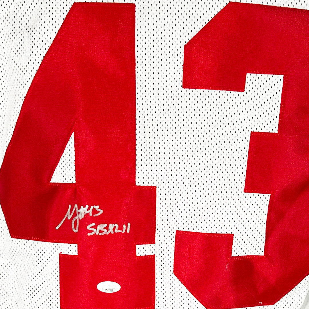 Michael Johnson Signed SBXLII Inscription New York White Football Jersey (JSA)
