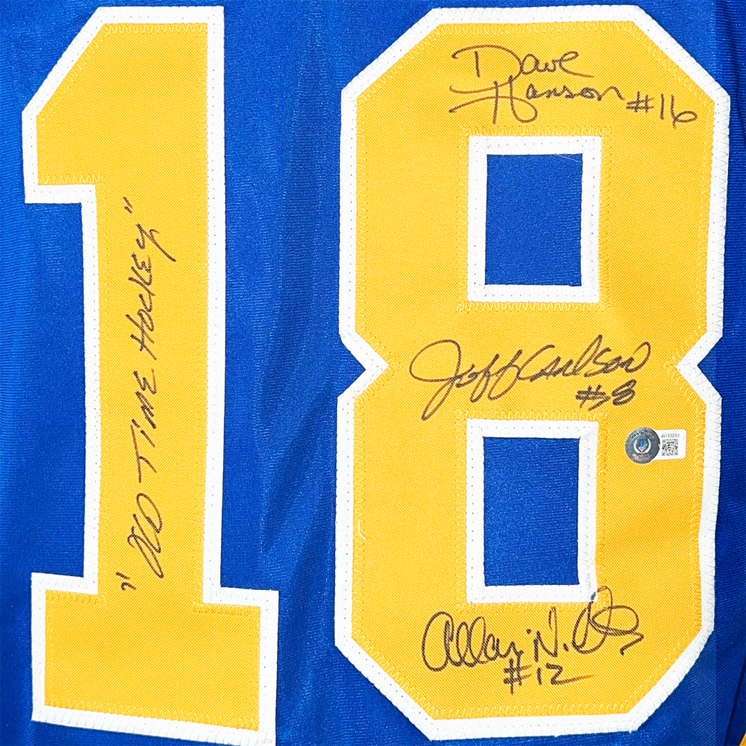 Slap shot Movie Signed Three Signature Old Time Hockey Inscription Blue Hockey Jersey (Beckett)