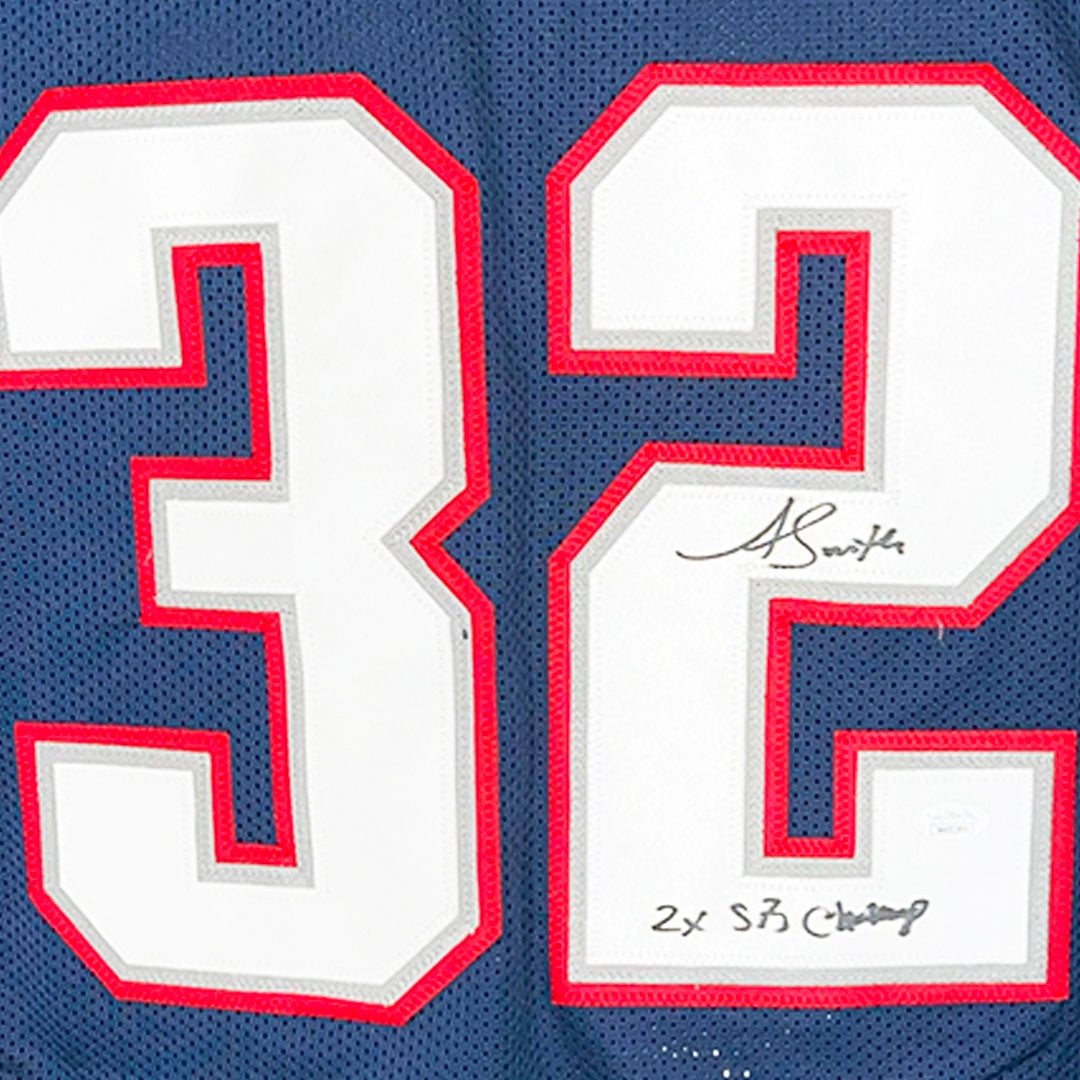 Antowain Smith Signed 2x SB Champ Inscription New England Navy Football Jersey (JSA)
