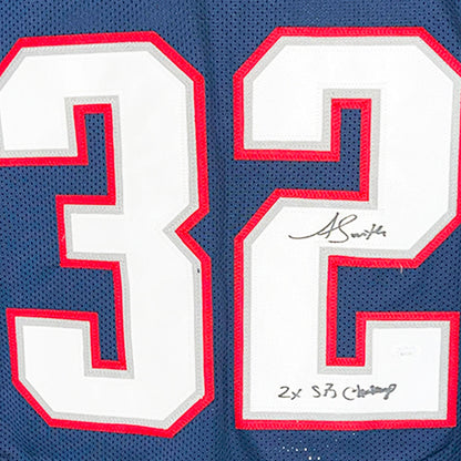 Antowain Smith Signed 2x SB Champ Inscription New England Navy Football Jersey (JSA)