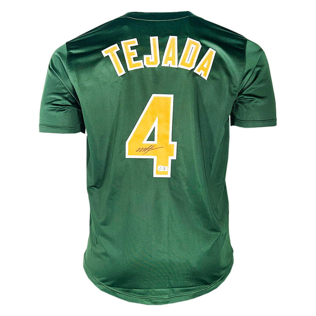 Miguel Tejada Signed Oakland Green Baseball Jersey (Beckett)